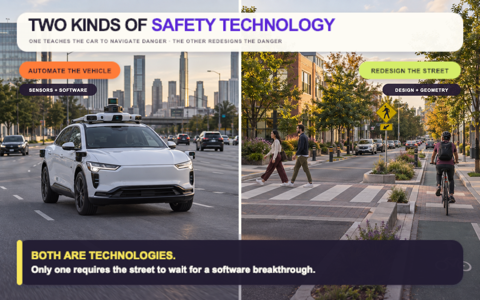 A sensor-laden autonomous vehicle is contrasted with a traffic-calmed street in active use.